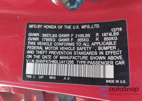 2020 Honda Civic Ex-L from USA, damaged, VIN SHHFK7H80LU411295